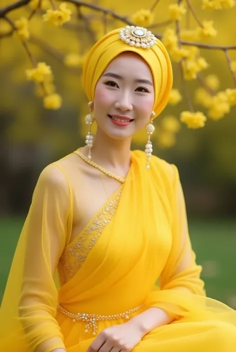  a beautiful korean woman ,  wears yellow hijab in embellished Brooch pearl long earrings attached to the ear ,  wears a beautiful long yellow dress in a layer of mosquito net wearing a pearl waistband,  sitting posing stylishly and gracefully while smilin...