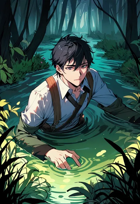 A handsome male student is falling into a disgusting swamp