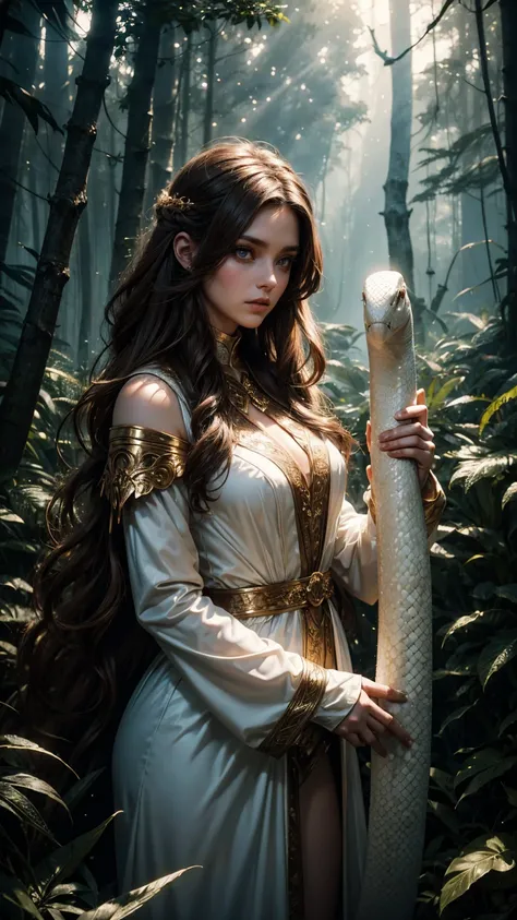 a woman with long brown hair wearing a white sexy costume, standing in a fantasy forest, holding a large white snake, detailed face and eyes, hyperrealistic, 8k, photorealistic, masterpiece, cinematic lighting, dramatic shadows, moody atmosphere