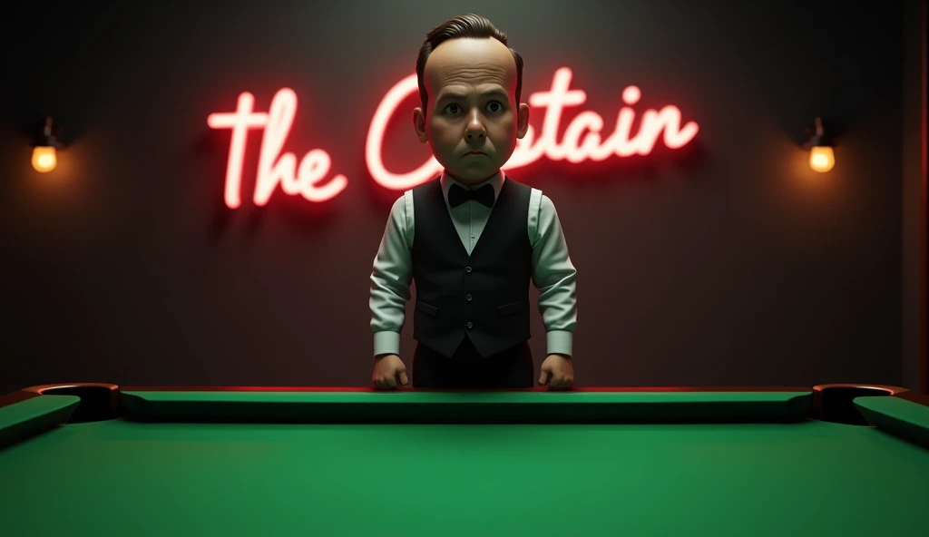 (photorealism:1.2), short in height middle aged man, black waistcoat, long sleeves, bow tie, brown hair, staring, standing on top of a large green billiard table, close up, dark room, neon sign The Captain 