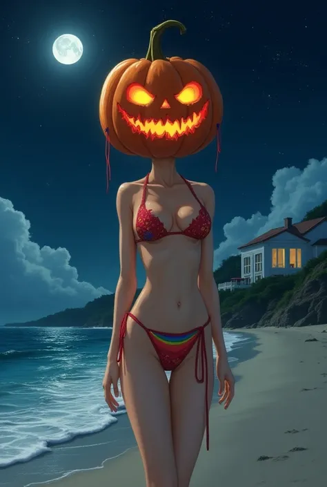 Girl with the head of an evil pumpkin wearing a colorful bikini on a beach at night with a white house in the background like anime 