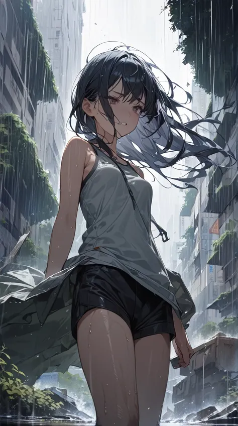 One Girl、 expression of fear、 wet hair、 clothes swaying in strong winds 、 desperate attitude 、 pottery skin、Small breasts、 faces struck by rain 、 feeling the horror of nature 、  
break、  
 just before the typhoon 、（ powerful lighting :1.3）、 Cold Tones 、 at...