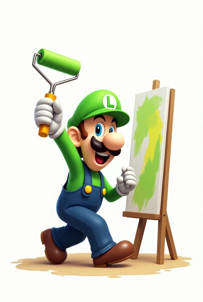 A happy Luigi Bros with a roller painting, with white background