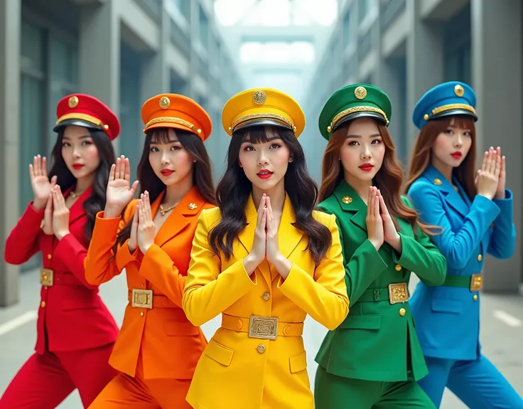 Idol Group, 5-people, Beautiful adult woman, Small eyes, Small breasts, Each hairstyle, Each colour outfit, red, orange, yellow,green, Blue outfit, Military themed outfits, Music video, Korean comic style, Thick outline, Flat Color