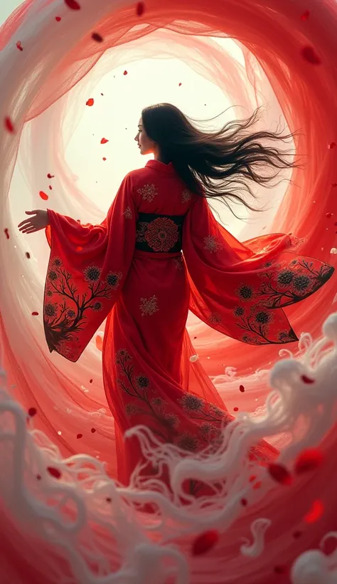 Masterpieces, 8K. Create an image of someone wearing a bright red kimono mixed with black with flowing black hair floating in the wind, surrounded by a dynamic swirl of red and white fabric. Kimonos are decorated with intricate floral patterns, and the air...