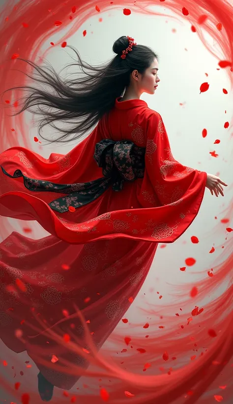 Masterpieces, 8K. Create an image of someone wearing a bright red kimono mixed with black with flowing black hair floating in the wind, surrounded by a dynamic swirl of red and white fabric. Kimonos are decorated with intricate floral patterns, and the air...