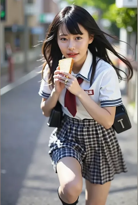 Carafe girl wearing a loaf of bread running down the street while opening her mouth, biting it with her teeth, holding it in her hand, and eating it, wearing Japanese school, Japanese girl , Japanese school, Portrait of a Japanese teenager,  cute schoolgir...