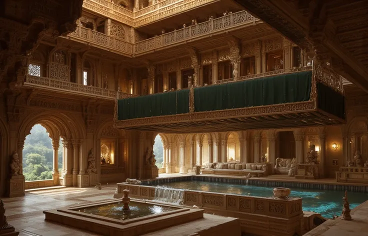 A grand, opulent indoor space showcases intricate architectural design during gupta era of central India reminiscent of indian nagar styles. There are two pools.

The focal point is lower rectangular pool on ground floor  of clear blue water with a smaller...