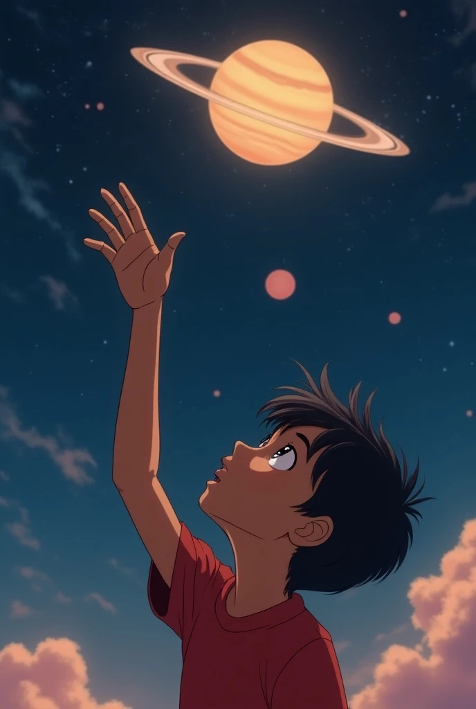 Anime brown skinned Indian boy straight black hair with light brown eye fringe in a red shirt raising his hand to the sky planet Saturn in the sky 