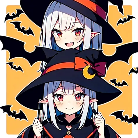  1 girl、avatar style、Cat ears、( little character :1.5)，(( Silver hair short cut ，Red eyes， cute ))、(((Halloween)))，Crescent Moon，A beautiful rainbow of shooting stars is in the background，whole body， best quality， Show animated illustration style ，((( I pu...