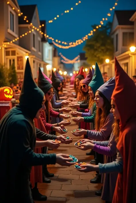 Teenagers and ren in costume exchanged candy on Halloween 
