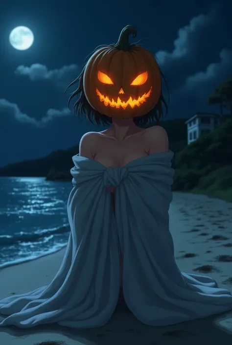 Girl with the head of an evil pumpkin used a towel to cover her body on a beach at night with a white house in the background like anime 