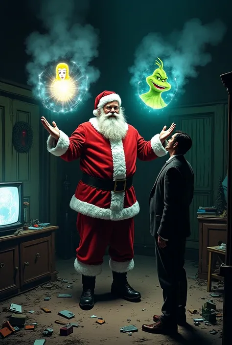 In a dimly lit living room, Santa Claus stands in stark contrast to the chaos around him. Smoke billows from a shattered old TV, remnants of the man’s frustration evident in the scattered pieces on the floor. The man, wide-eyed with surprise, stares at San...