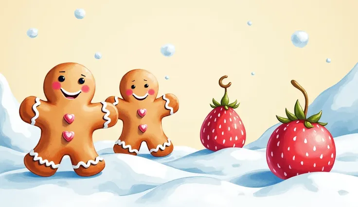  Painted gingerbread cookies, glacier, round strawberry marshmallow with a flagellum, watercolor, logo, Minimalism, beige background