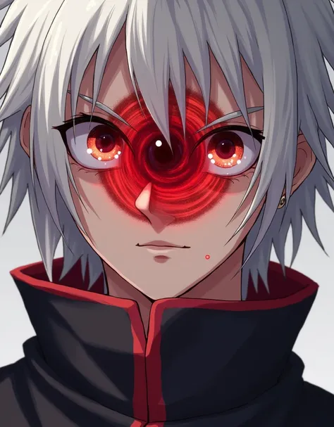 make a Mangekyou Sharingan for a young man who has descendants of Uchiha Madara and is a genius in Genjutsu. your hair is white. Make his eye with Mangekyou Sharingan. No need to show his face, just a little bit of hair and the eye itself with the Mangekyo...