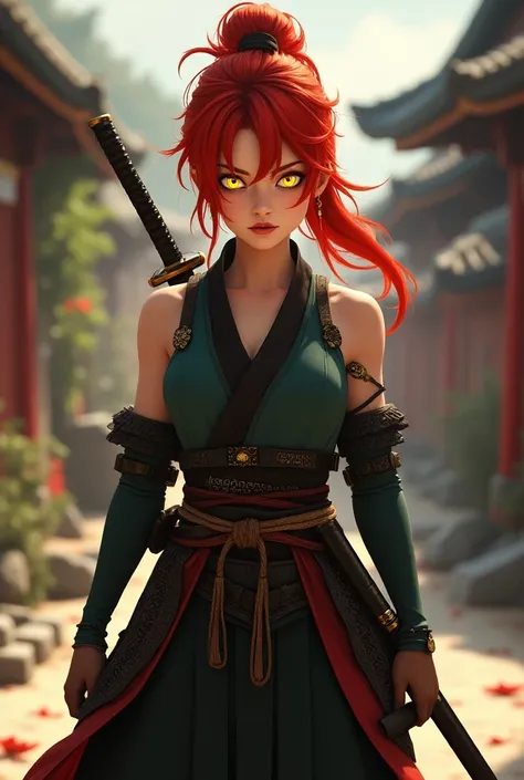 Animated woman with red hair and yellow split eyes wearing a samurai outfit with a katana.