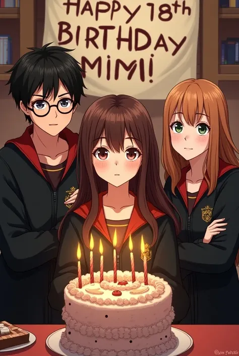 Fille fete 18 eme anniversaire avec Harry Potter et Hermione gateau et bougies  avec Harry Potter version manga en anime. Pancarte avec texte « Happy 18th Birthday Mimi »