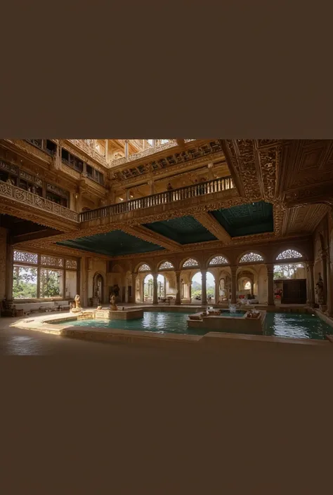 A grand, opulent indoor space showcases intricate architectural design during gupta era of central India reminiscent of indian nagar styles. There are two pools.

The focal point is lower rectangular pool on ground floor  of clear blue water with a smaller...