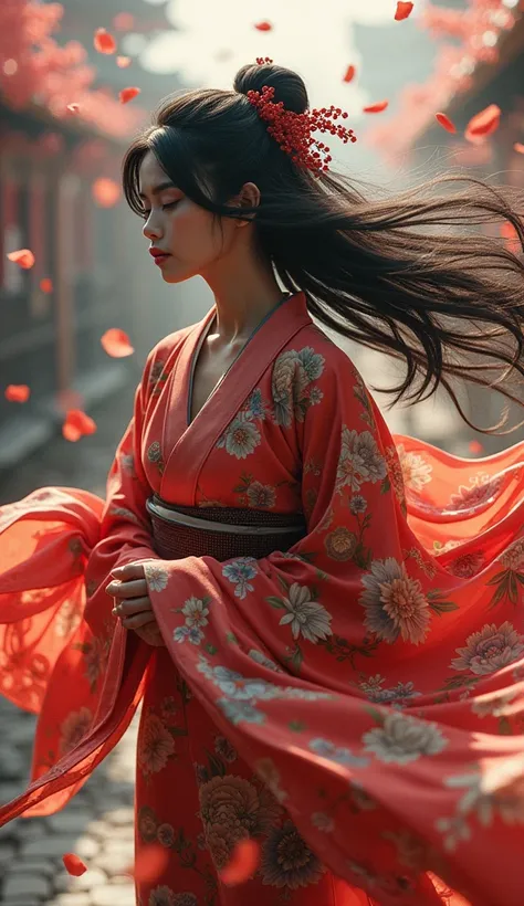 Masterpieces, 8K. Create an realistic image of a woman wearing a bright red kimono mixed with black with flowing up black hair floating up in the wind, surrounded by a dynamic swirl of red and white fabric. Kimonos are decorated with intricate floral patte...