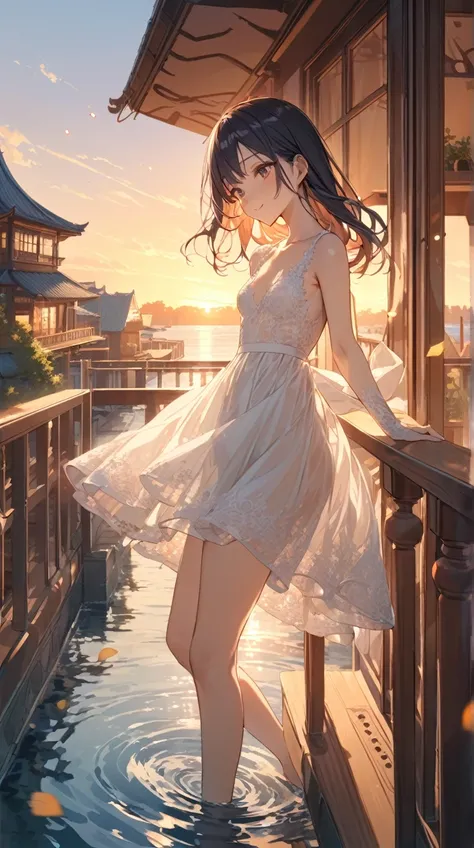 One Girl、Gentle smile、Shining Eyes、Long flowing hair、Sheer lace dress、Walking on water、 pottery skin、Small breasts、Graceful Movement、  
break、  
Water city at dusk、（Romantic lighting:1.3）、Warm Tones、 fantastic atmosphere 、Sparkling Light、Soft Shadows、Dream...