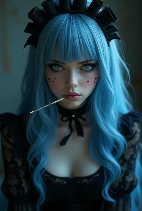 Maid Menhera cute gothic smoking piercing long hair, Hime cut, Blue Hair/Light blue hair, Best Quality, Bangs, Contempt的な目つき,  seductive smile, Contempt/Angry Gaze,  stares at you/Make a displeased face/Dissatisfied, dark