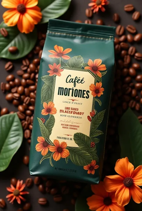 Create a pack of 100 % Natural natural Colombian coffee called Café Moriones that is eye-catching pretty with posillo roasted coffee beans and coffee bean flowers 