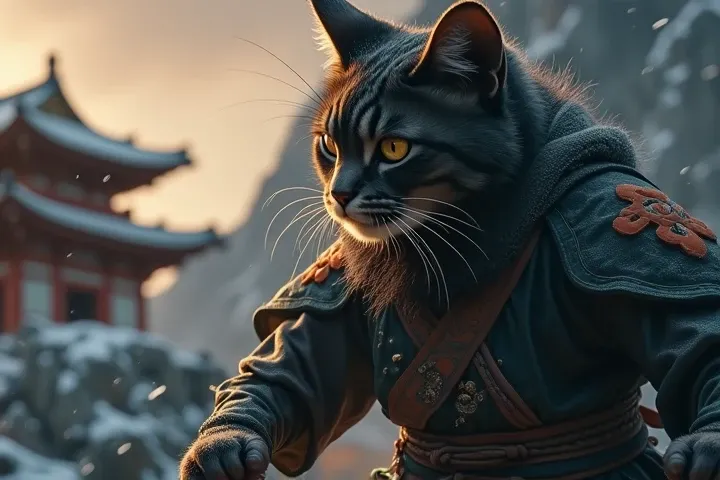 A brave cat standing in a snowy mountain, Ancient martial arts uniform , Temple, Action Shots , In motion, 8k,  super high definition, Heavy Rain, In the forest,  dslr ,  very detailed, Award-winning photo, (Bright Scene:1.1), others, 6:19, Best Quality, N...