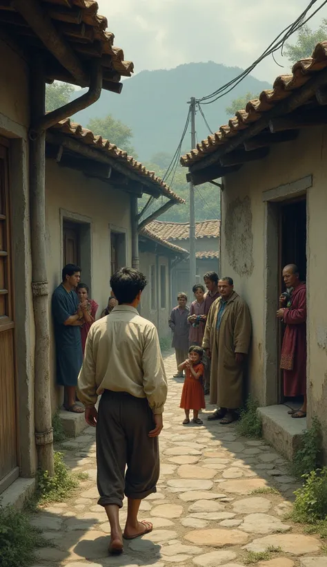 The scene features the young man going door-to-door in a village, asking each family if there is no sorrow in their life. Different households show signs of everyday struggles, such as sickness, poverty, or sadness.