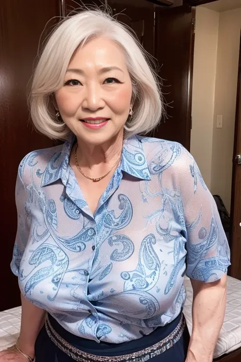 japanese 80 year old female pornstar wearing a paisley pattern blouse for older women、makeup、chubby body type、slacks for older w...