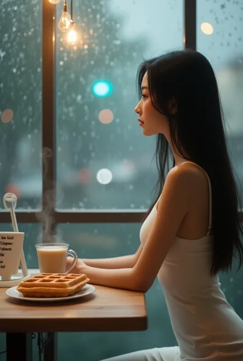  A beautiful Korean woman with long straight hair is wearing a tight white dress.,
Im looking out of the rainy window from the cafe. .  Waffles and warm Americano are placed on the table. Im showing it to the audience with a whiteboard with the words .
 He...