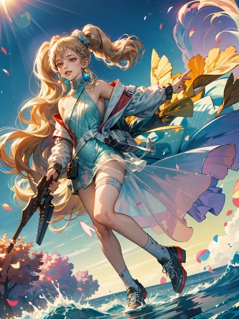  High Resolution , Blonde Perm、 ponytail、Pastel colored dress made of fluffy material、smile,  anatomically correct, 8K Octane, Lots of butterflies々Dance。colorful、blue sky、 anatomically correct, wallpaper、whole body