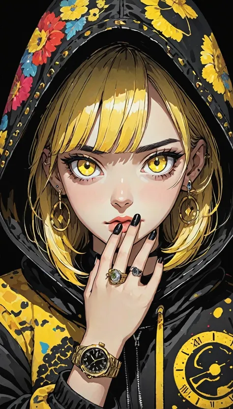 an illustration of a cartoon female with blackened hair and yellow eyes 1girl black nails hood black hair hood up multicolored hair blonde hair watch black background solo ring jewelry looking at viewer...