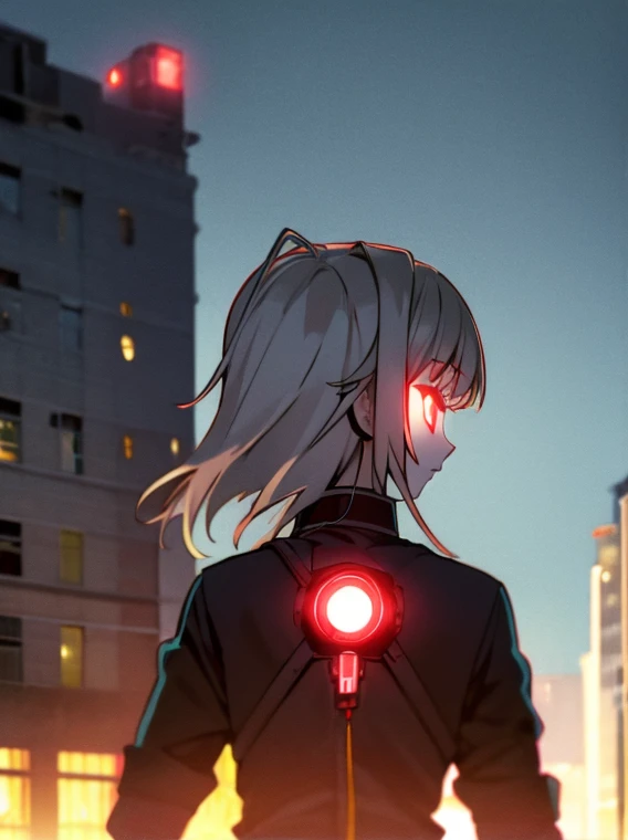 One girl, Mechanical, Expressionless, cable, Medium Hair, Red eyes, Gray Hair, Upper Body, industrial use, Outdoor, building, Glowing Eyes, From behind, headset,