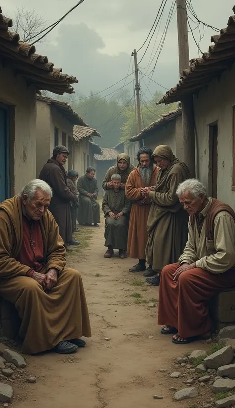 An image showing various villagers experiencing different problems: one family is dealing with illness, another shows signs of poverty, while an elderly person is sitting alone, indicating grief.