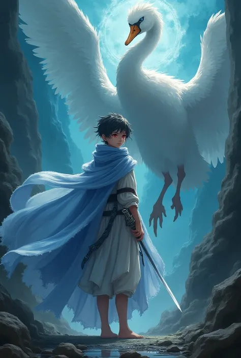 there was a one boy he is a god.he have a red and blue eyes .to his left side was There was an animal that was a swan. The swan is bigger than the boy and the swan is very beautiful.he is controillon his sword in his rea power.  He is old boy.he have power...