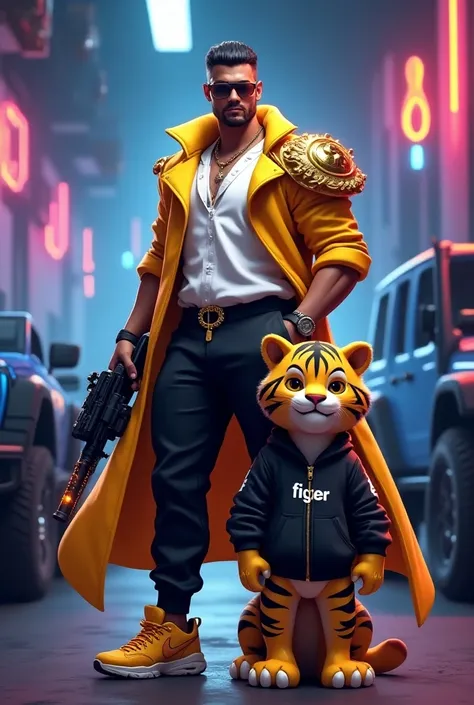 "A stylish Free Fire character wearing sunglasses, a white shirt, black joggers, and yellow sneakers. He holds a fiery gun, and wears a cape with a golden shoulder guard and chain, giving him a regal appearance. Beside him stands a tiger-like pet, dressed ...