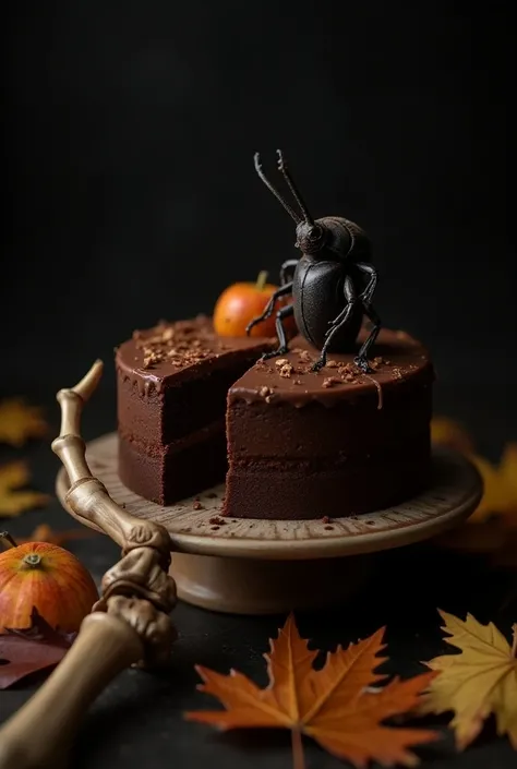 pumpkin, apple. a grotesque beetle sits on a skeleton hand. scattered maple, oak, birch and apple leaves. Colors should be dark. studio realistic photocinematic film still chocolate, chocolate cake, dark background, quality photo, moist texture, frosting, ...