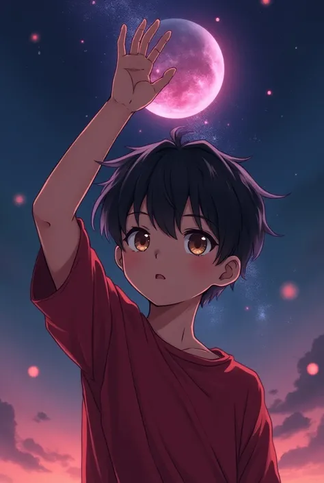 Anime androgynous boy Indian brown skin brown skin short straight black hair with large fringe of light brown eyes in a red shirt raising his hand to the sky planet Saturn in the starry sky color magenta
