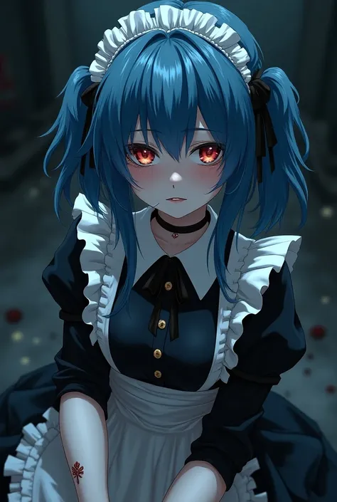 Maid Menhera cute gothic smoking piercing long hair, Hime cut, Blue Hair/Light blue hair, Best Quality, Bangs, Contempt的な目つき,  seductive smile, Contempt/Angry Gaze,  stares at you/Make a displeased face/Dissatisfied, Dark Anime,  Japanese illustration styl...