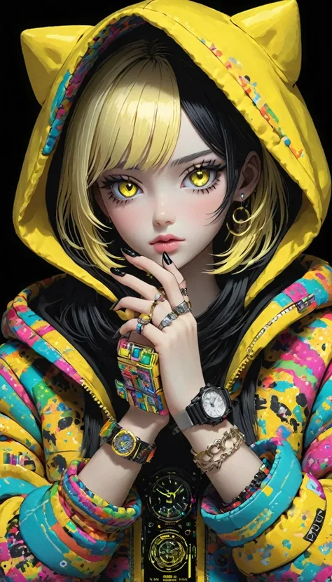 a digital computer image of a doll like woman with yellow fingers and hands, 1girl, black nails, hood, black hair, hood up, multicolored hair, blonde hair, watch, black background, solo, ring, jewelry, looking at viewer