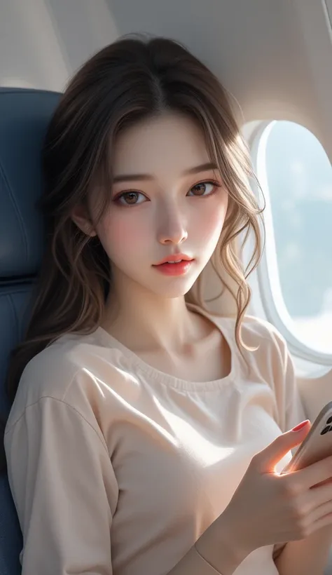 Calaf girl sitting on an airplane and looking at her phone,   beautiful Korean woman  ,   Gorgeous Young Korean Women  , Beautiful young Korean woman,  Korean Girls, Cute Korean Actresses, 19-year-old girl, Beautiful Chinese Model, She is about  , Luan Jia...