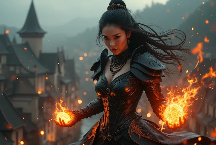 8K Octane, Cinematic, Hyperrealism, Realism, sexy girl evil body and skin, asian face, powerfull, floating above medieval town European style, holding Power Fire effects, Lens Flare, Cinematic Lighting, Crystal Hair, armor on body made of  black diamonds g...