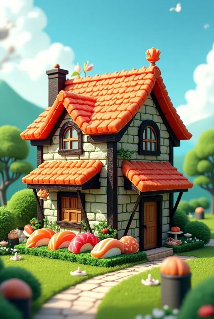 A house made of sushi、Anime Style、Precision、2-story building