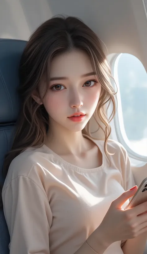 calaf girl sitting on an airplane and looking at her phone,   beautiful korean woman  ,   gorgeous young korean women  , beautif...