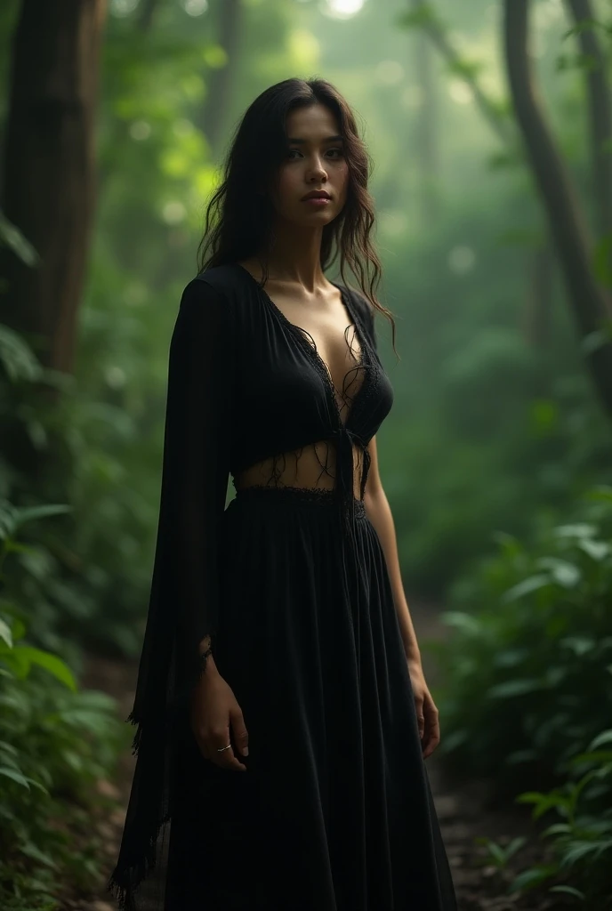 
A  Pakistani girl is alone in the jungle, her clothes are torn from the back, black clothes are in a normal and sexy mood