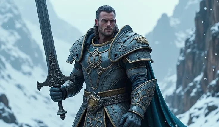 Henry cavill as Warcraft 2 movie actor wearing armor standing in snowfall mountain big sword in his hand ready to attack. 