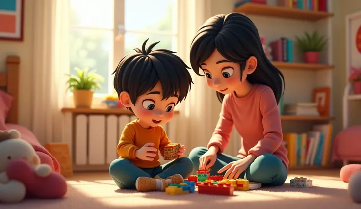 A black haired male student is sitting playing with lego, a black haired mother is standing nearby, bedroom scene, 3D chibi animation style