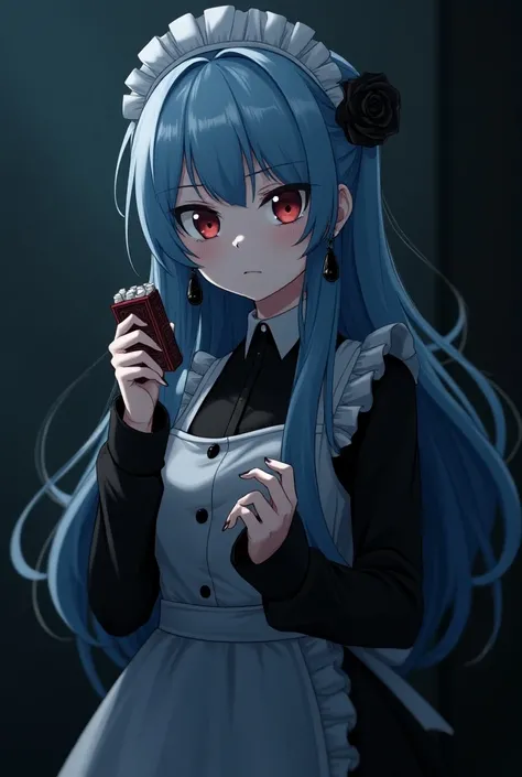 Maid menhela has gothic cigarettes,Earrings,Long Hair, Hime cut, Blue Hair/Light blue hair, Best Quality, Bangs, Contempt的な目つき, Contempt/Angry Gaze,  stares at you/Make a displeased face/Dissatisfied, dark,anime, 