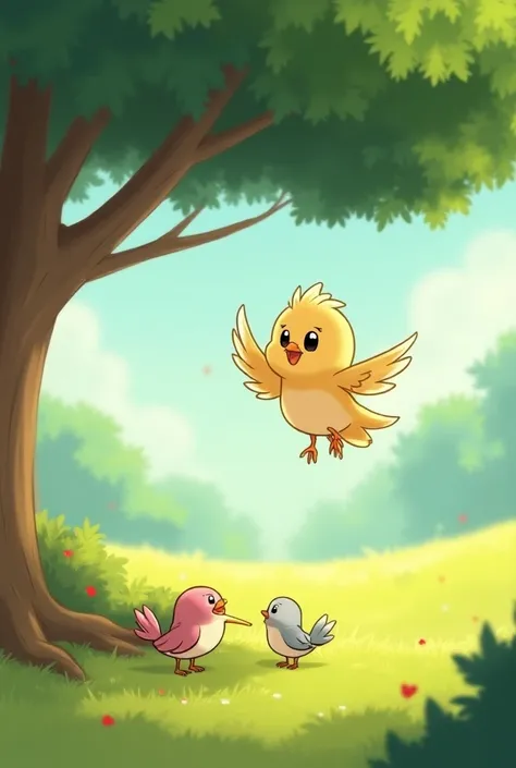 A samll cute bird   Tina hovering in the air, reaching her friend Mili, and helping her escape from under the tree.

 
