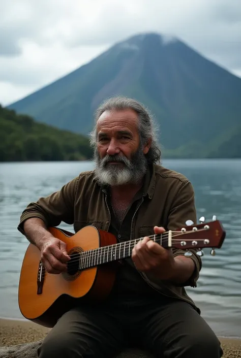 Man playing guitar on the shore of Lake Atitlan